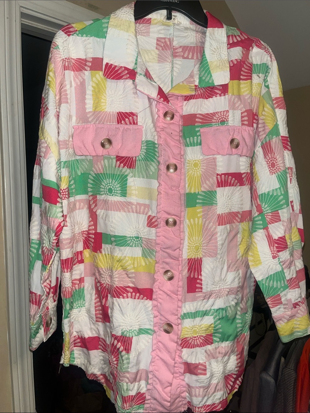 BiBi Multicolor Patchwork Jean Jacket with Pink Trim